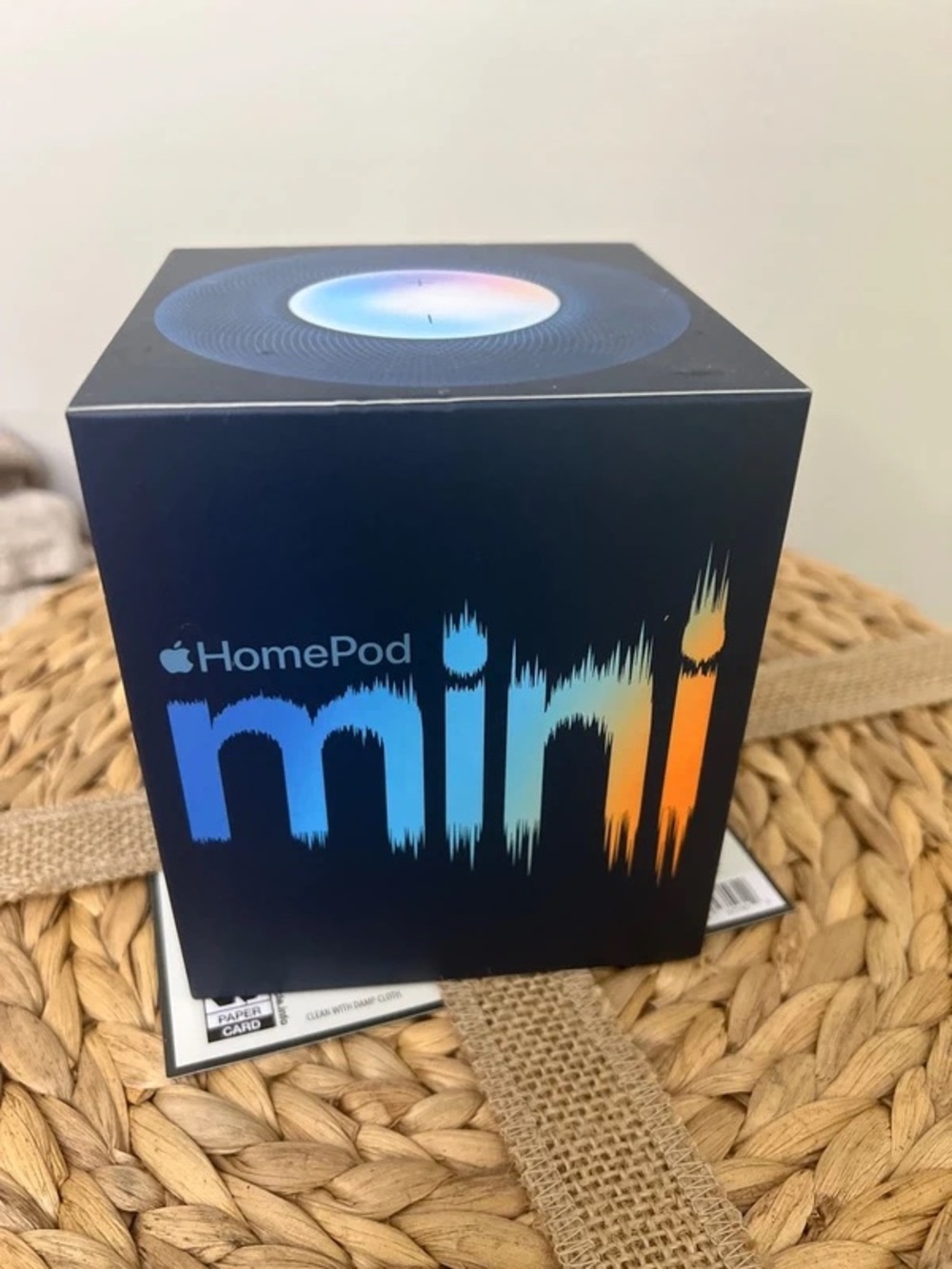Apple HomePod mini Box — Black with Blue and Orange Gradient Text
